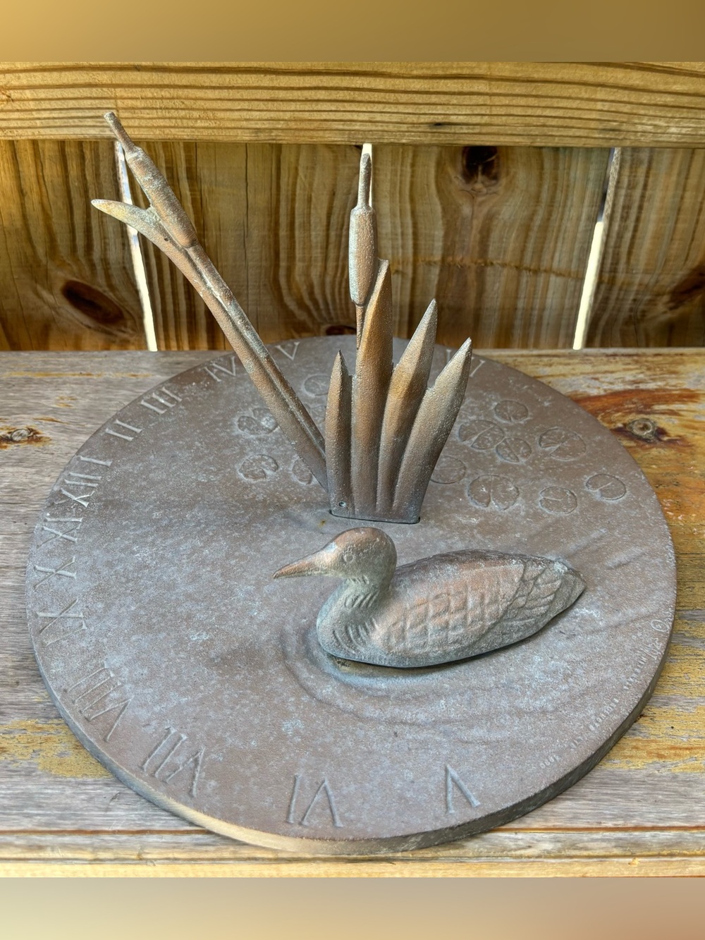 Whitehall Metal Loon Cattail Sundial In Copper Verdigris Color 11 1/4”D